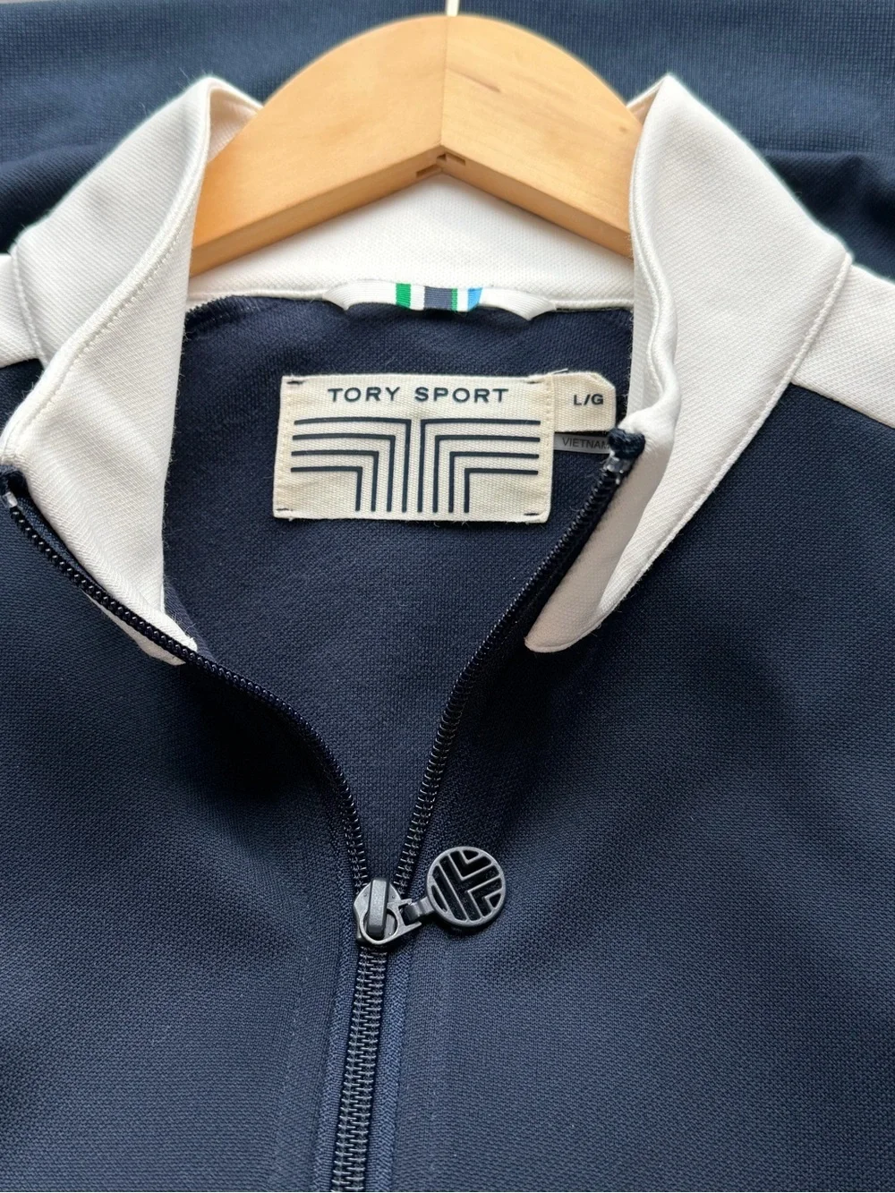 Tory Burch Sport Colorblock Athletic Zip Track Jacket Navy White Women’s Size L